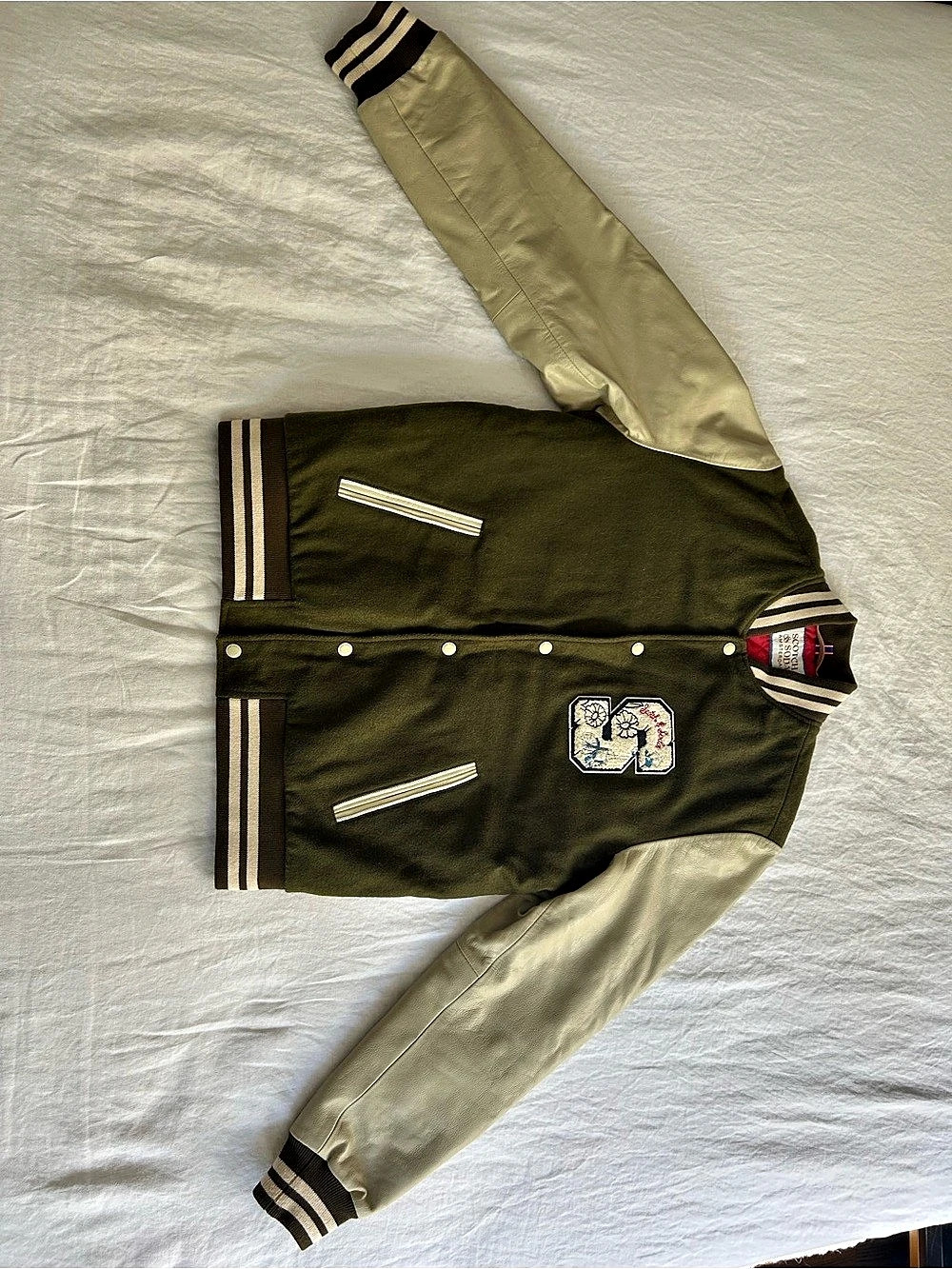 Scotch & Soda Varsity Jacket Green & Cream Size Medium Like New